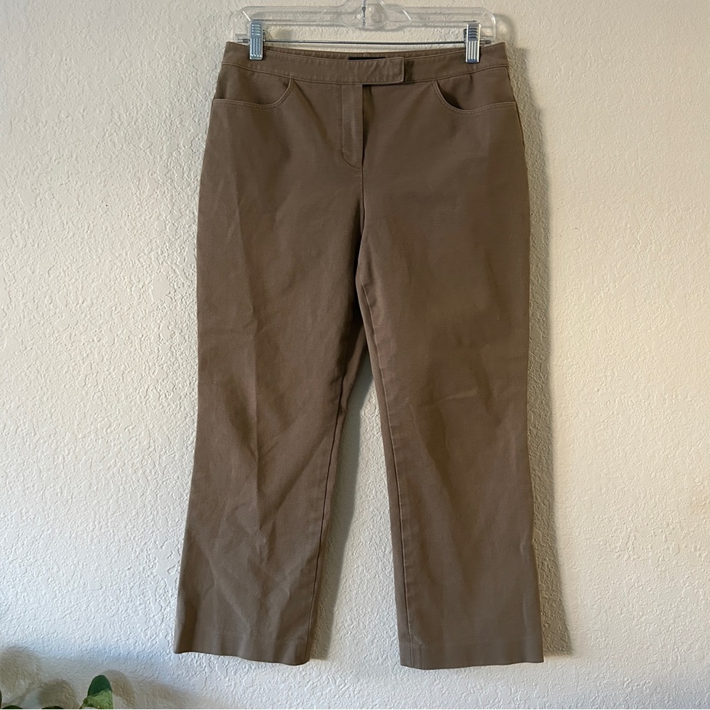 Theory Crop Pants Stretch Straight Flat Front Slash Pockets Taupe— Size 4